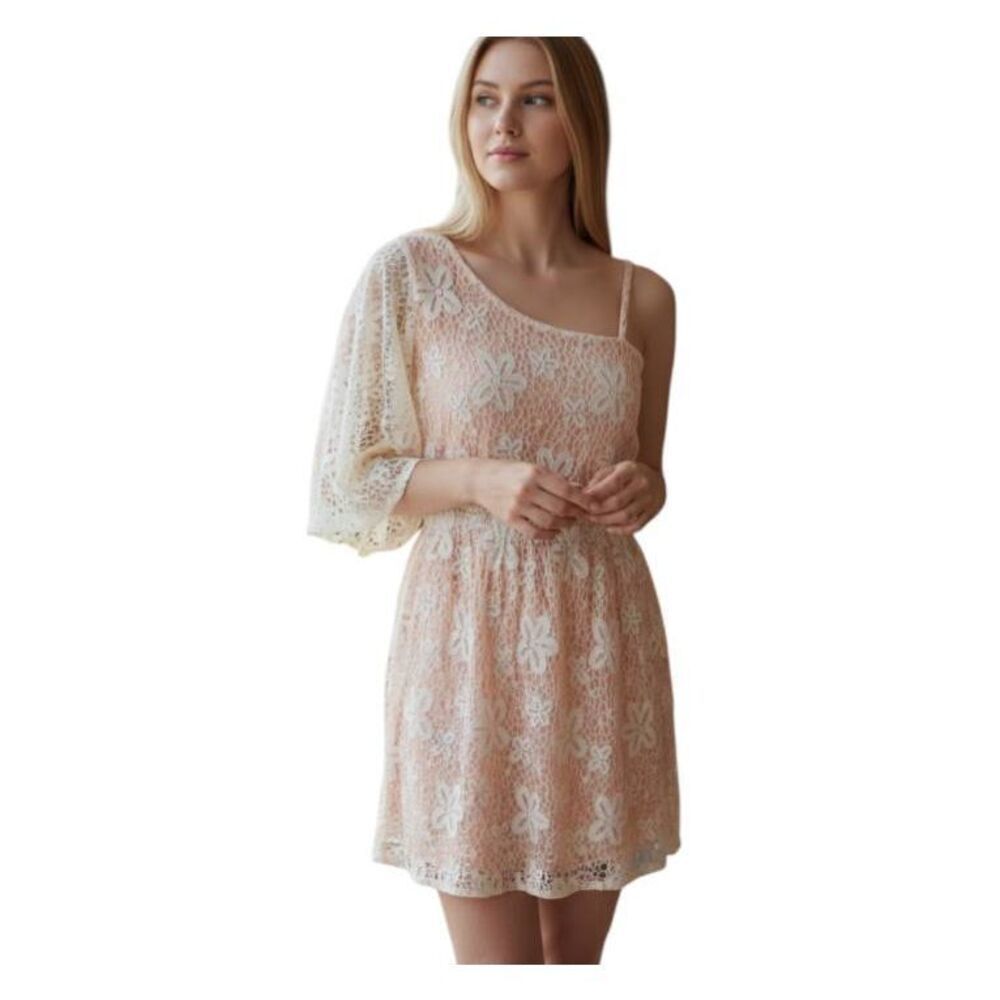 SEQUIN HEARTS PEACH & CREAM LACE ONE SHOULDER DRESS SZ.L EUC.